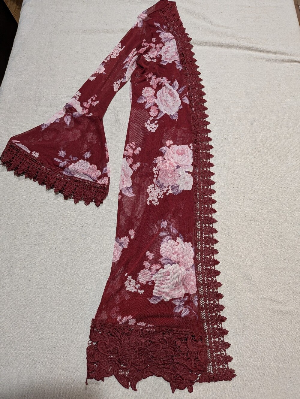 Floral Lace Trim Burgundy Sheer Kimono - Picture 2 of 6